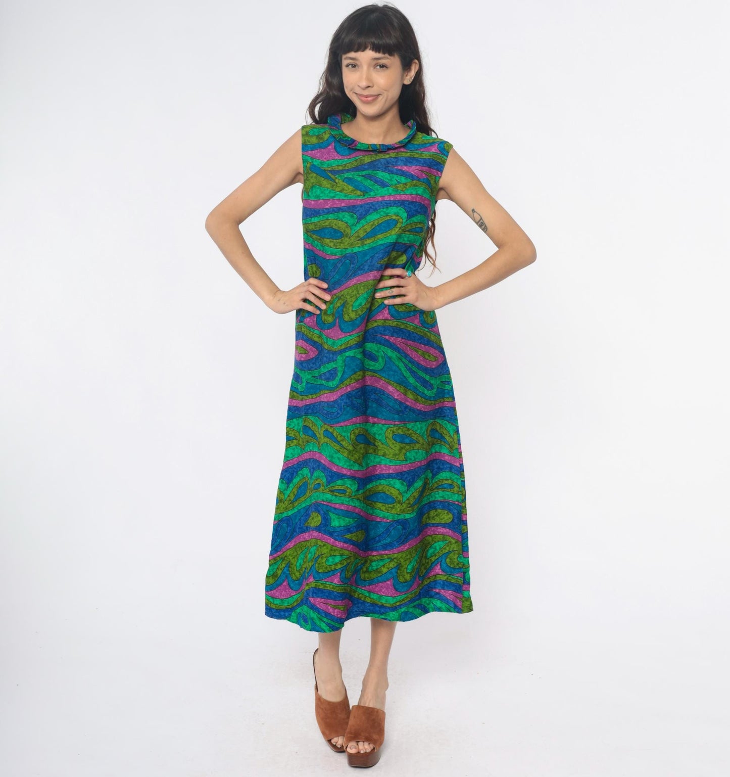 70s Psychedelic Swirl Maxi Dress Blue Green Pink Wave Print Sleeveless Extra Small