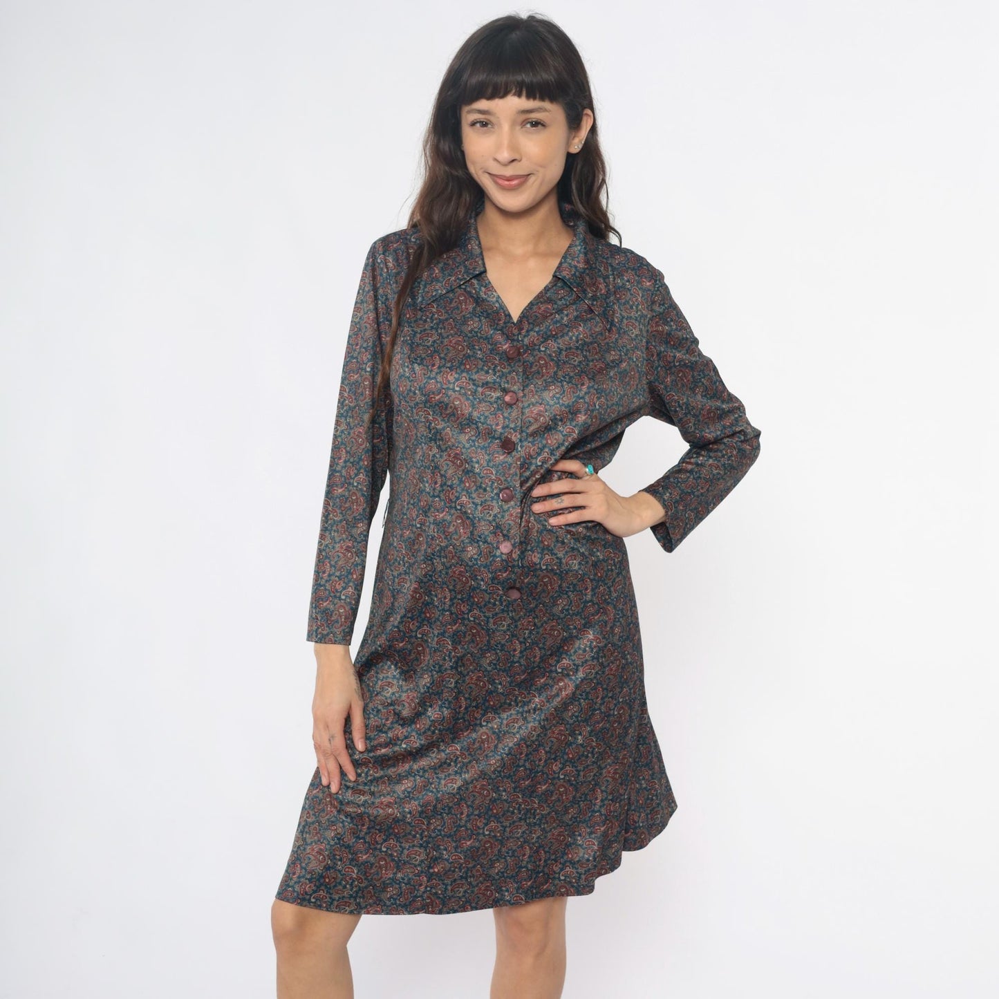 70s Paisley Shirt Dress Collared Button Front Long Sleeve Blue Large L