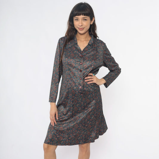 70s Paisley Shirt Dress Collared Button Front Long Sleeve Blue Large L
