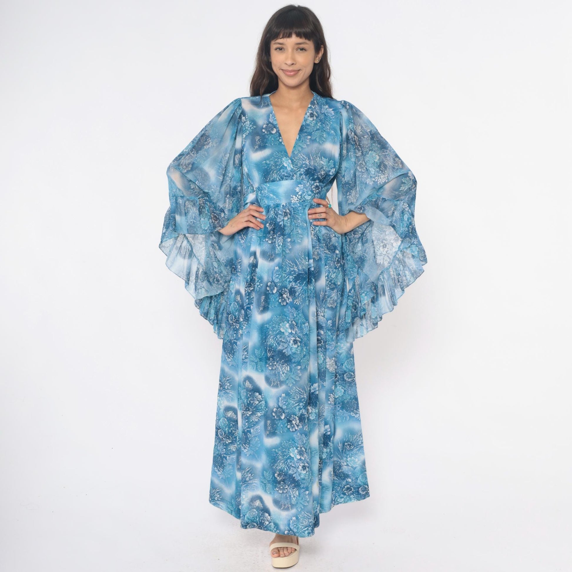 70s Blue Floral Angel Sleeve Maxi Dress Wrap Bodice Small Medium