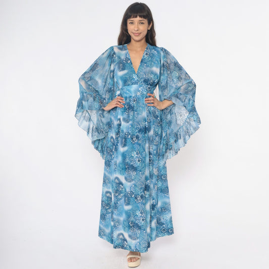 70s Blue Floral Angel Sleeve Maxi Dress Wrap Bodice Small Medium