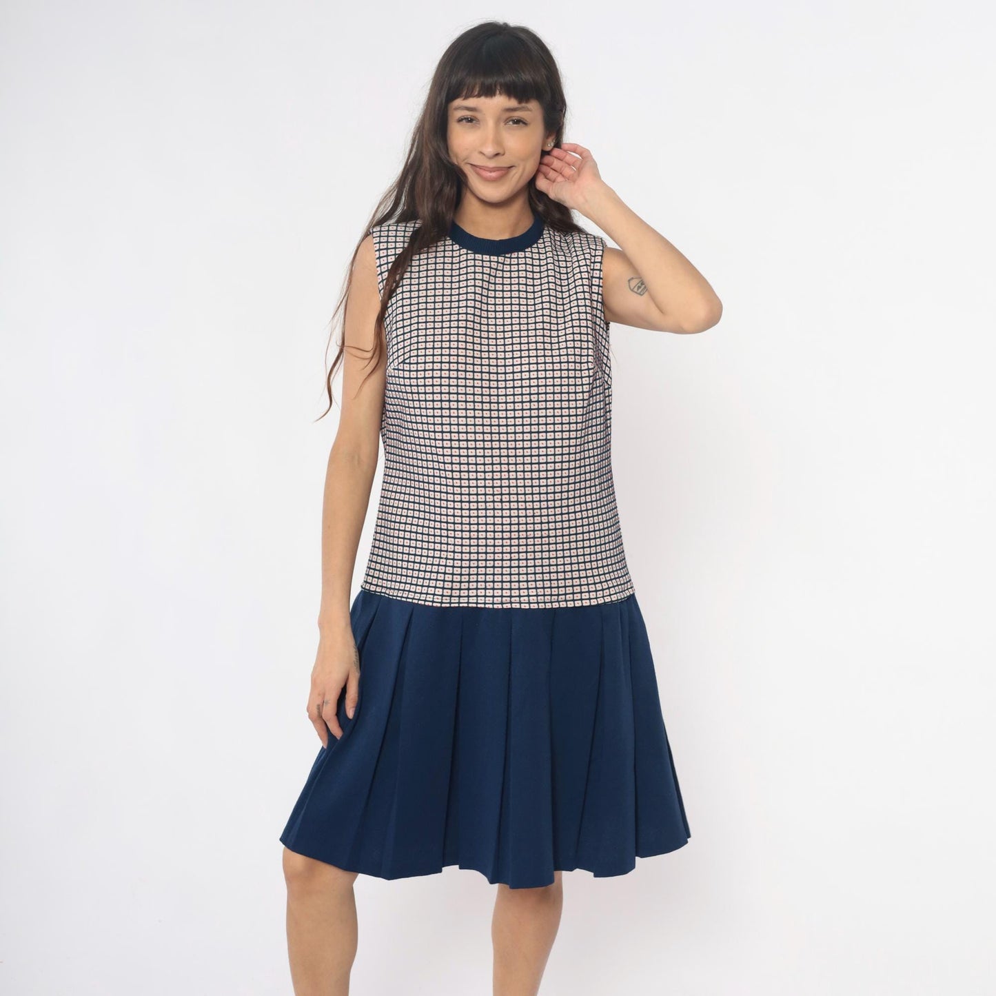 70s Navy Checkered Colorblock Dress Pleated Skirt Sleeveless Large L