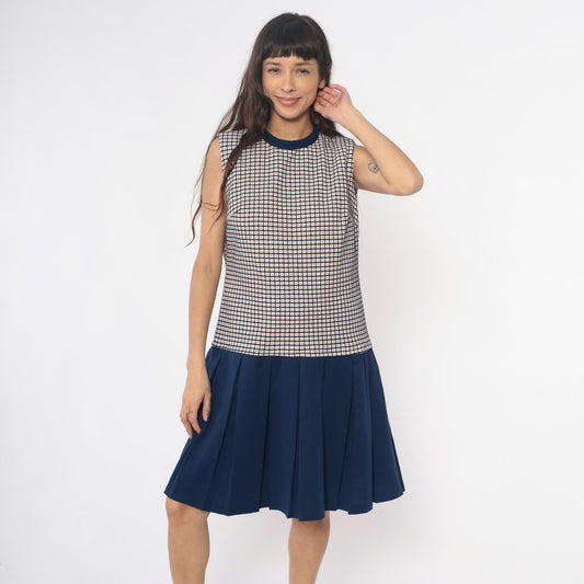 70s Navy Checkered Colorblock Dress Pleated Skirt Sleeveless Large L