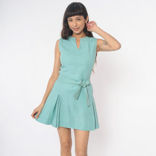 60s Mint Mod Mini Dress Shift Sleeveless V-Neck Tie Belt Pleated Small