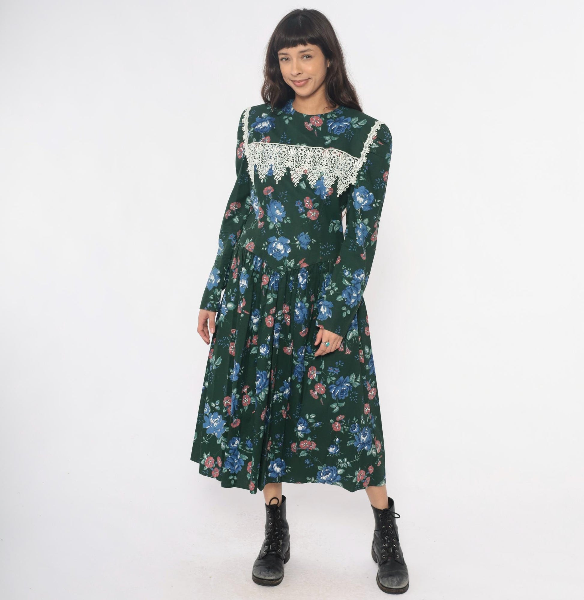 80s Jessica McClintock Gunne Sax Forest Green Floral Midi Dress Crochet Lace Medium M