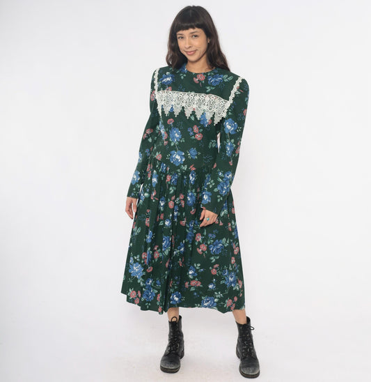 80s Jessica McClintock Gunne Sax Forest Green Floral Midi Dress Crochet Lace Medium M