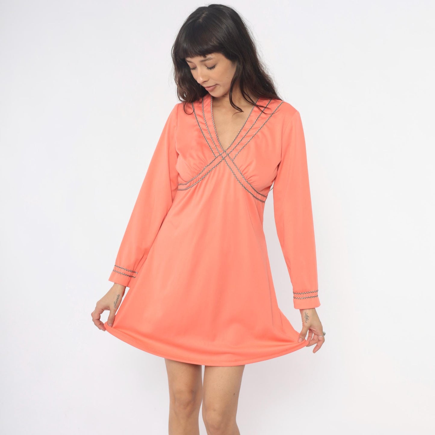70s Coral Mini Dress Chain Trim V-Neck Long Sleeve Shift Dress Large