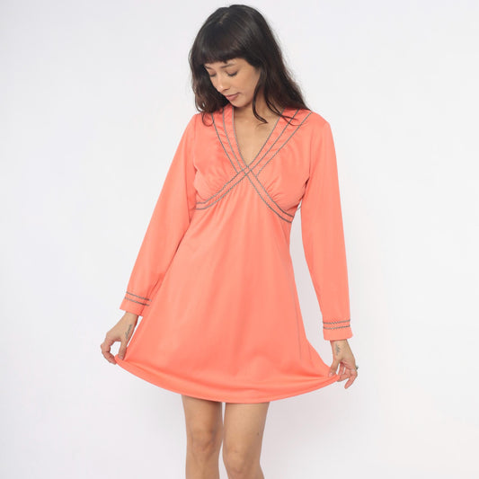70s Coral Mini Dress Chain Trim V-Neck Long Sleeve Shift Dress Large