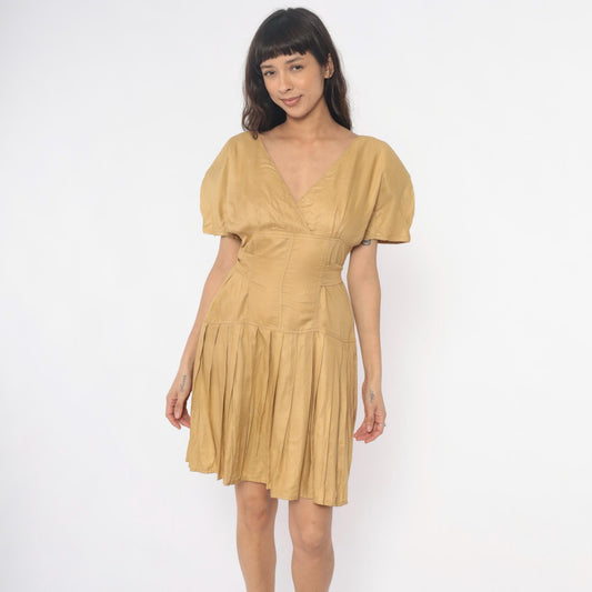 80s Golden Yellow Sundress Puff Sleeve V-Neck Tie Waist Pleated Small S