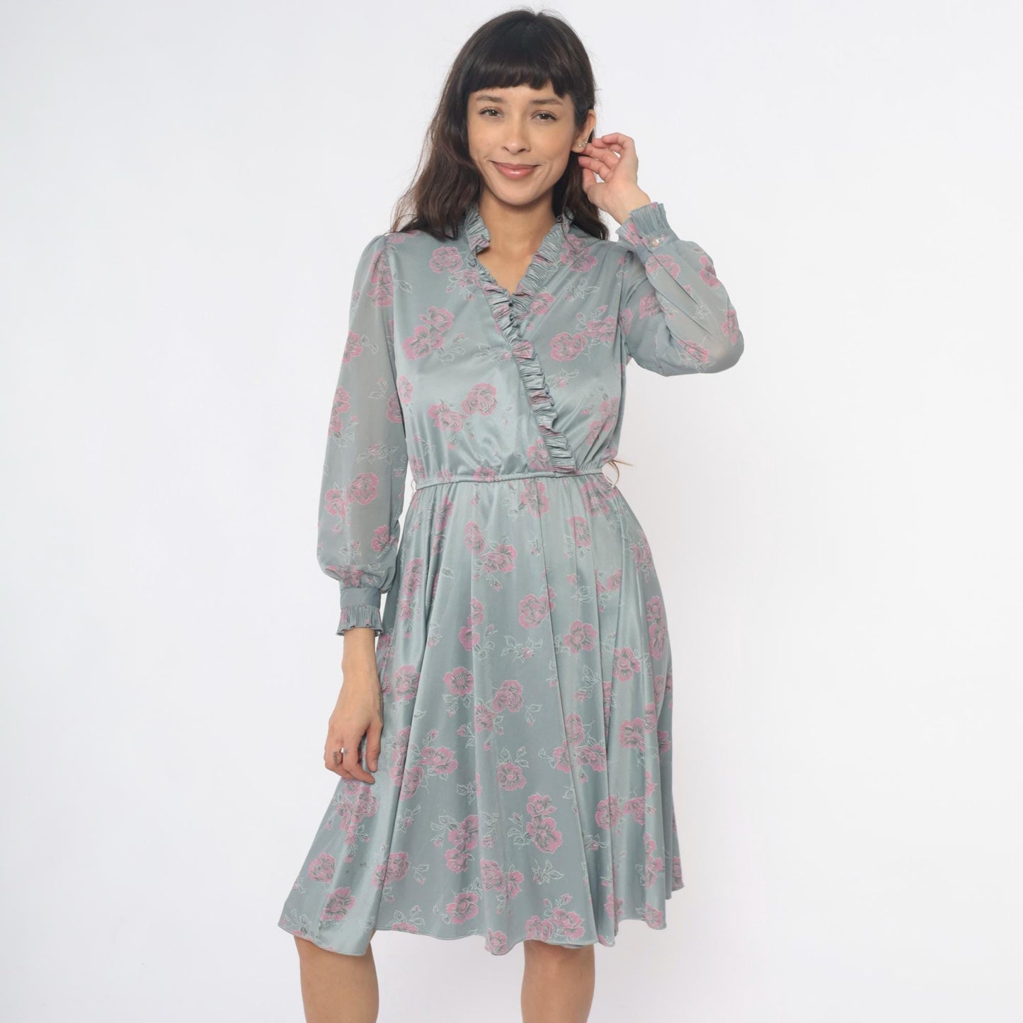 70s Floral Dress Silver Pink Long Sleeve Ruffle V-Neck Pleated Midi Small