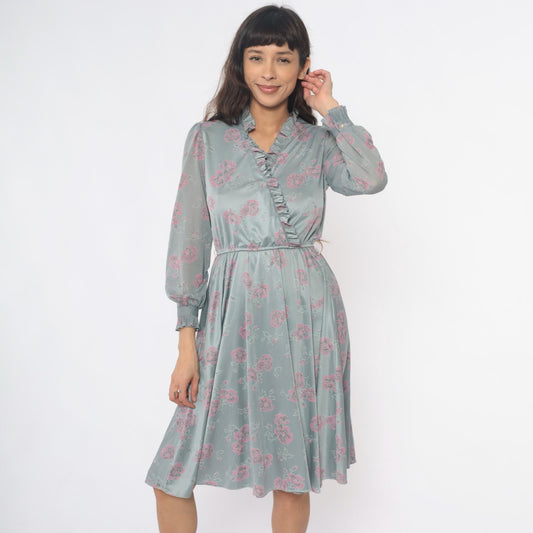 70s Floral Dress Silver Pink Long Sleeve Ruffle V-Neck Pleated Midi Small