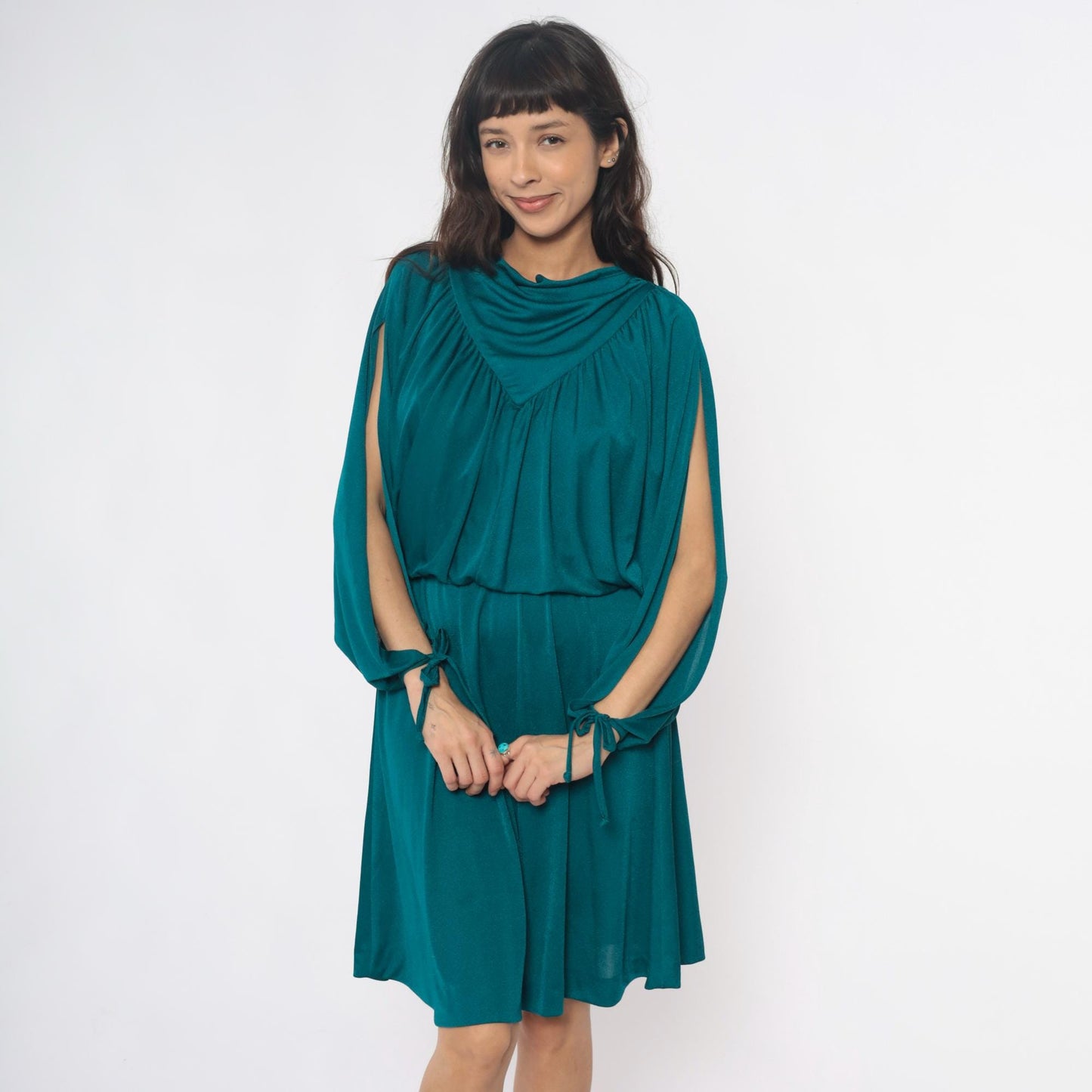 80s Teal Cowl Neck Dress Draped Split Sleeve Knee-Length Small Medium