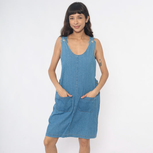 90s Fads Light Blue Denim Dress Sleeveless Side Button Shift Large L