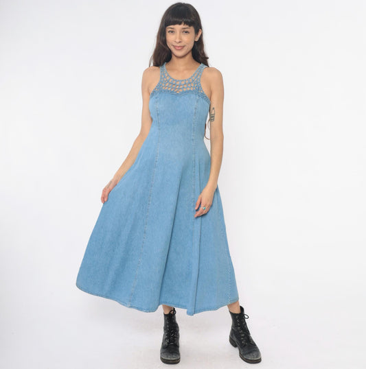 90s Jody California Denim Maxi Dress Light Blue Crochet Lace-Up Racerback Small