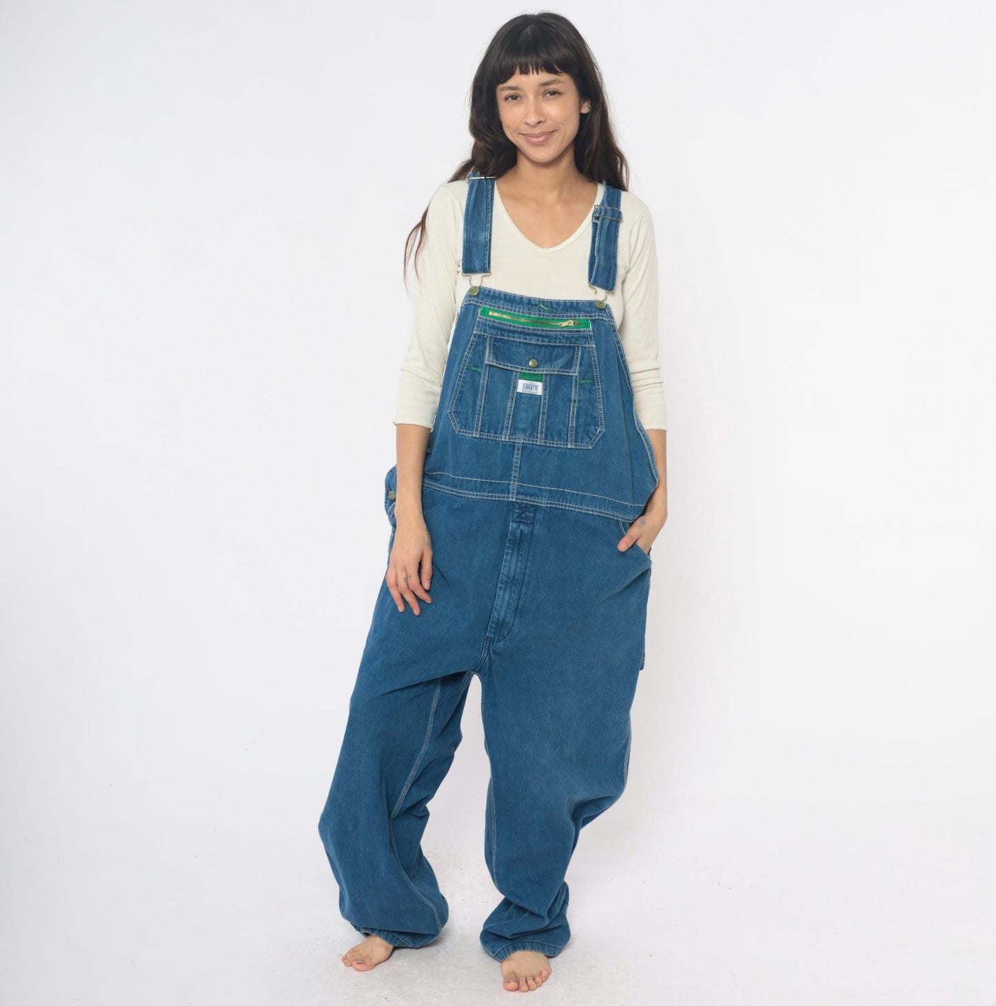 Y2K Liberty Denim Overalls Medium Blue Green Stitching Carpenter Jumpsuit