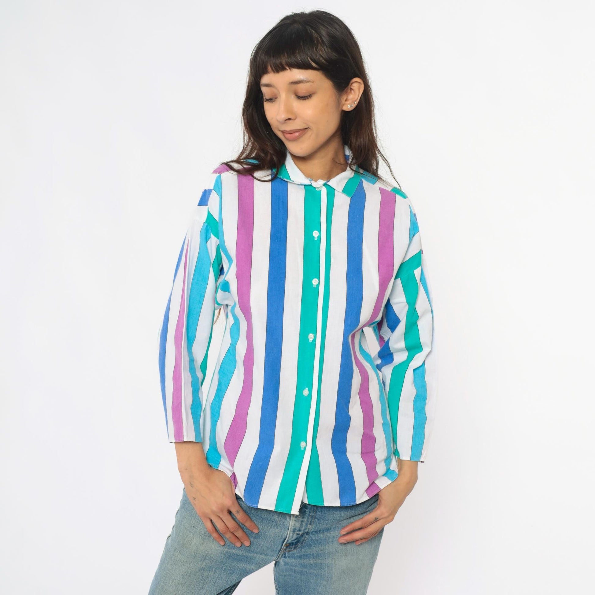 80s Avon Fashions Striped Cotton Blouse Vertical Stripes Purple Blue Small S