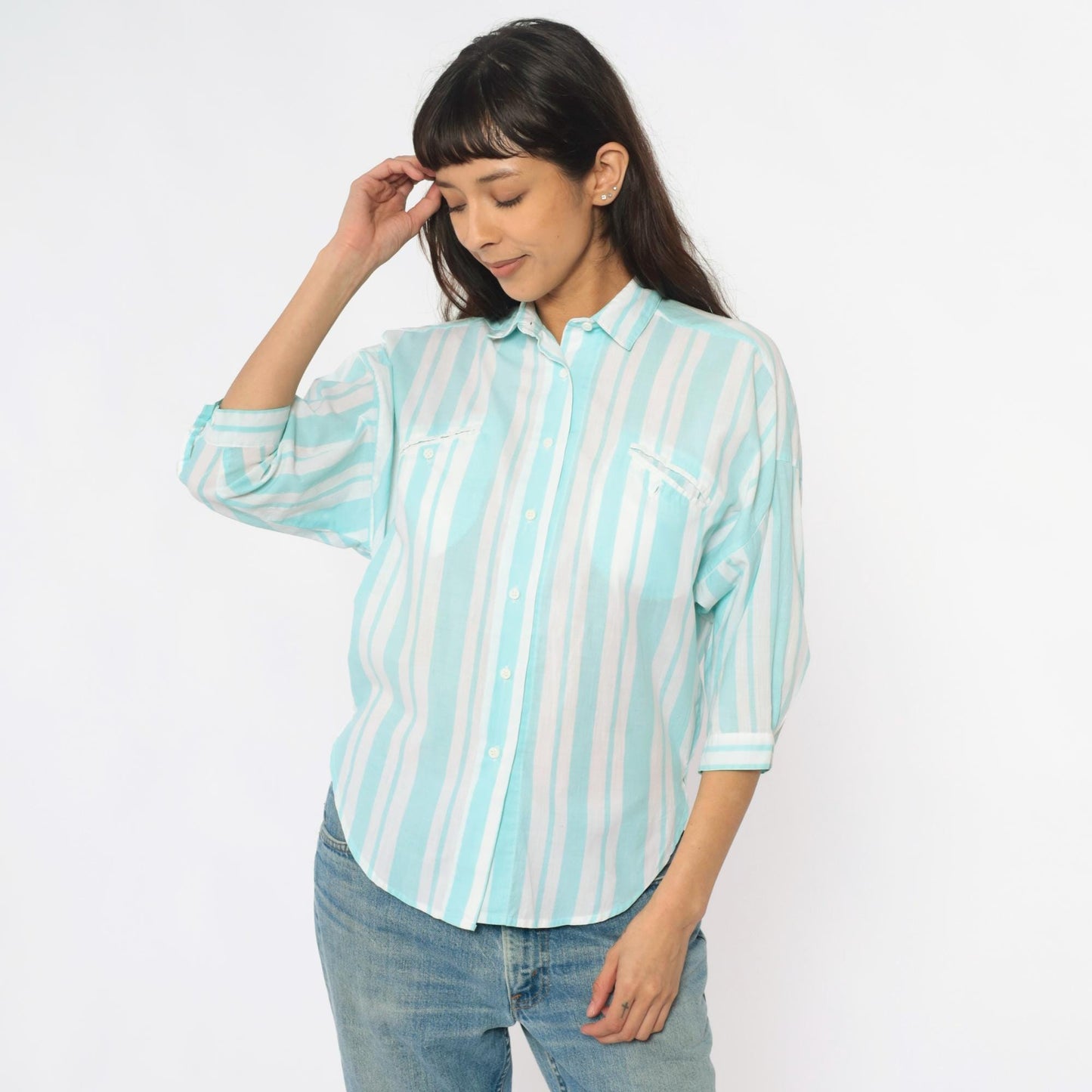 80s Diane von Furstenberg Mint Striped Button-Up Shirt Small S