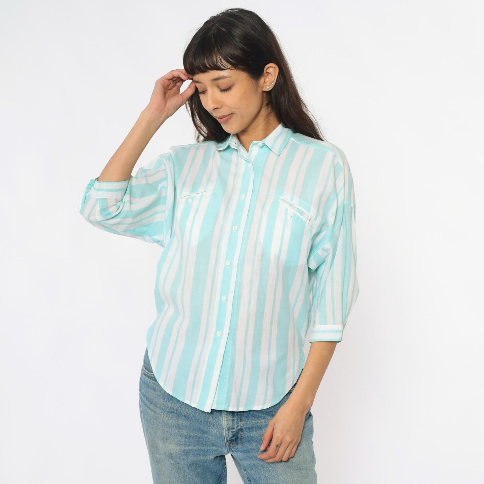 80s Diane von Furstenberg Mint Striped Button-Up Shirt Small S
