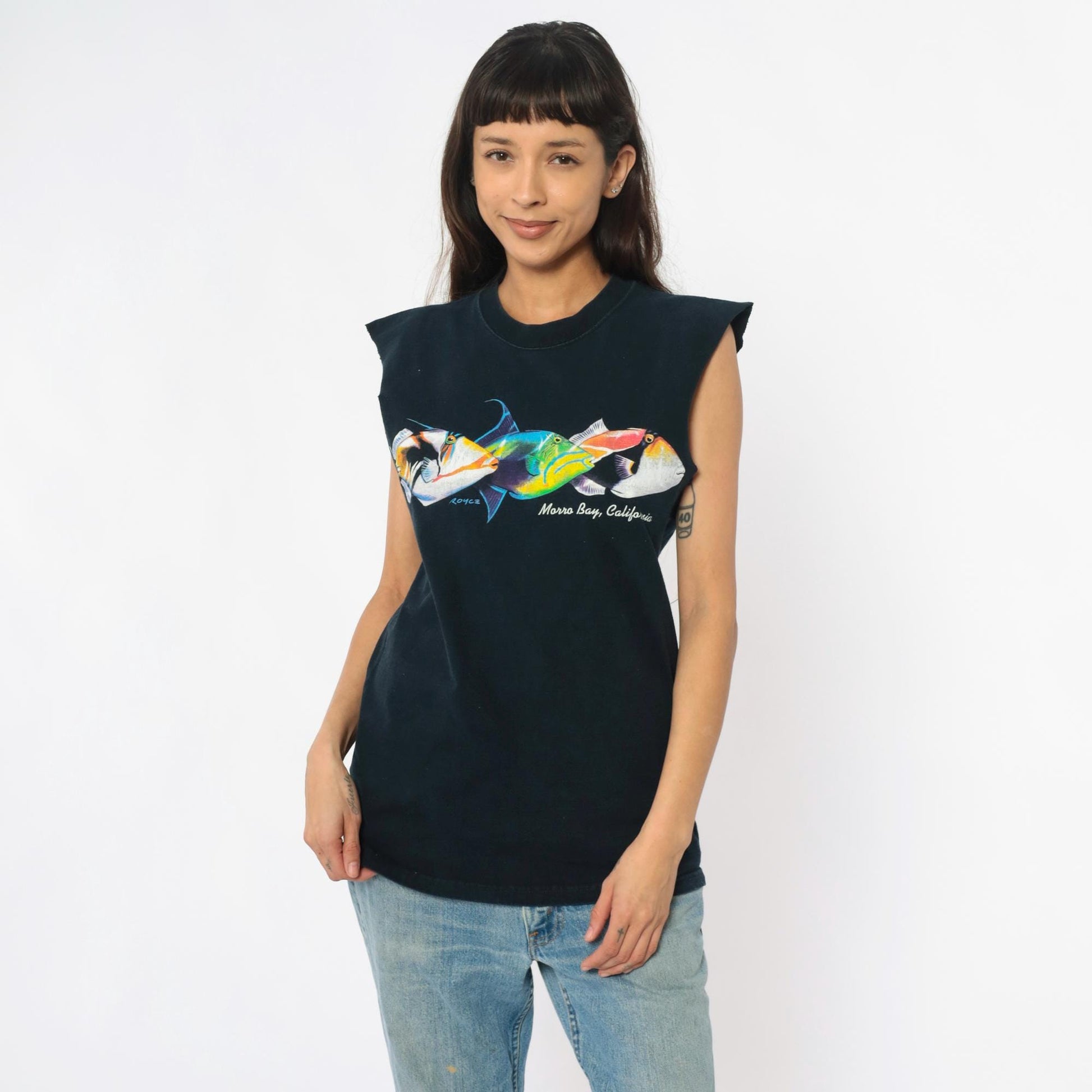 90s Fruit of the Loom Fish Tank Morro Bay Graphic Tank Top Black Cotton Medium M