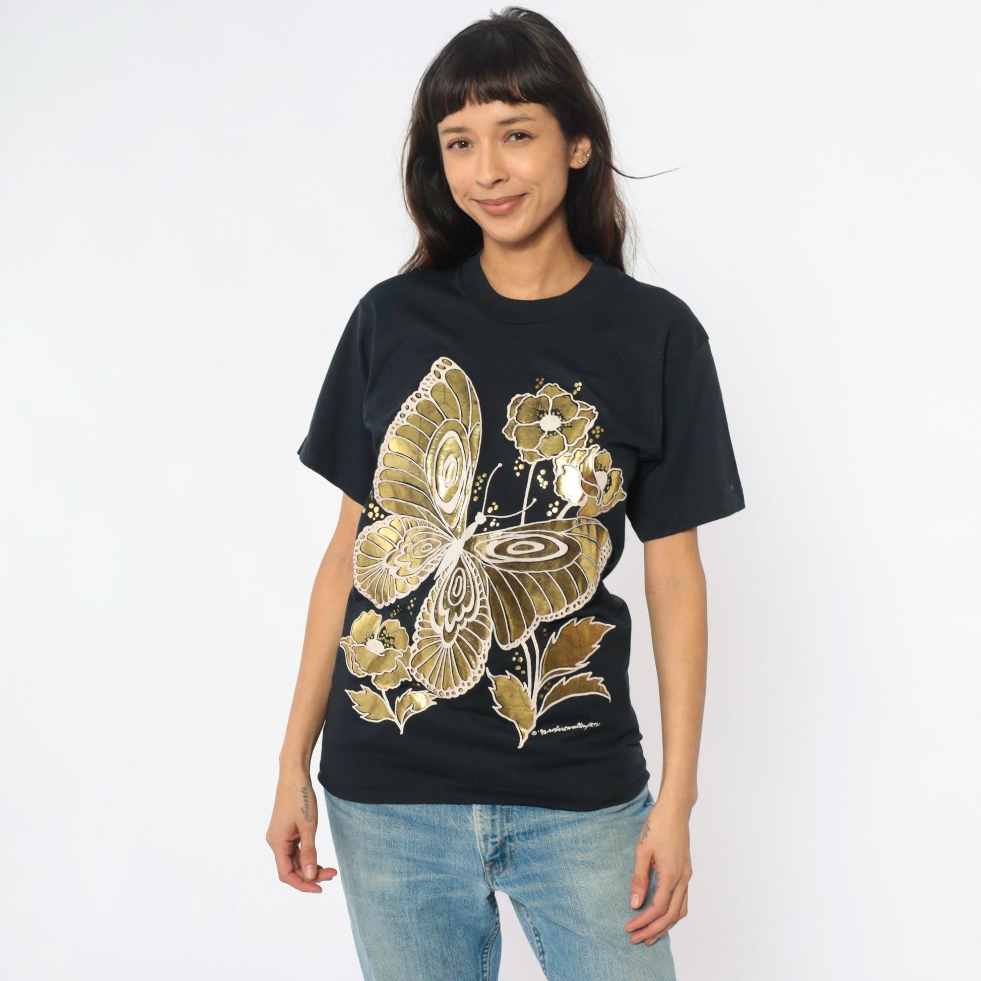 90s Gold Butterfly Floral Graphic T-Shirt Black Screen Stars Best Medium