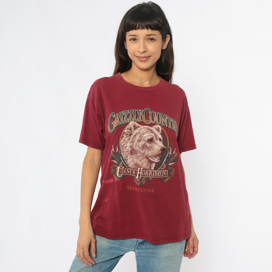90s Grizzly Bear Montana Graphic Tee Burgundy Cotton Medium M
