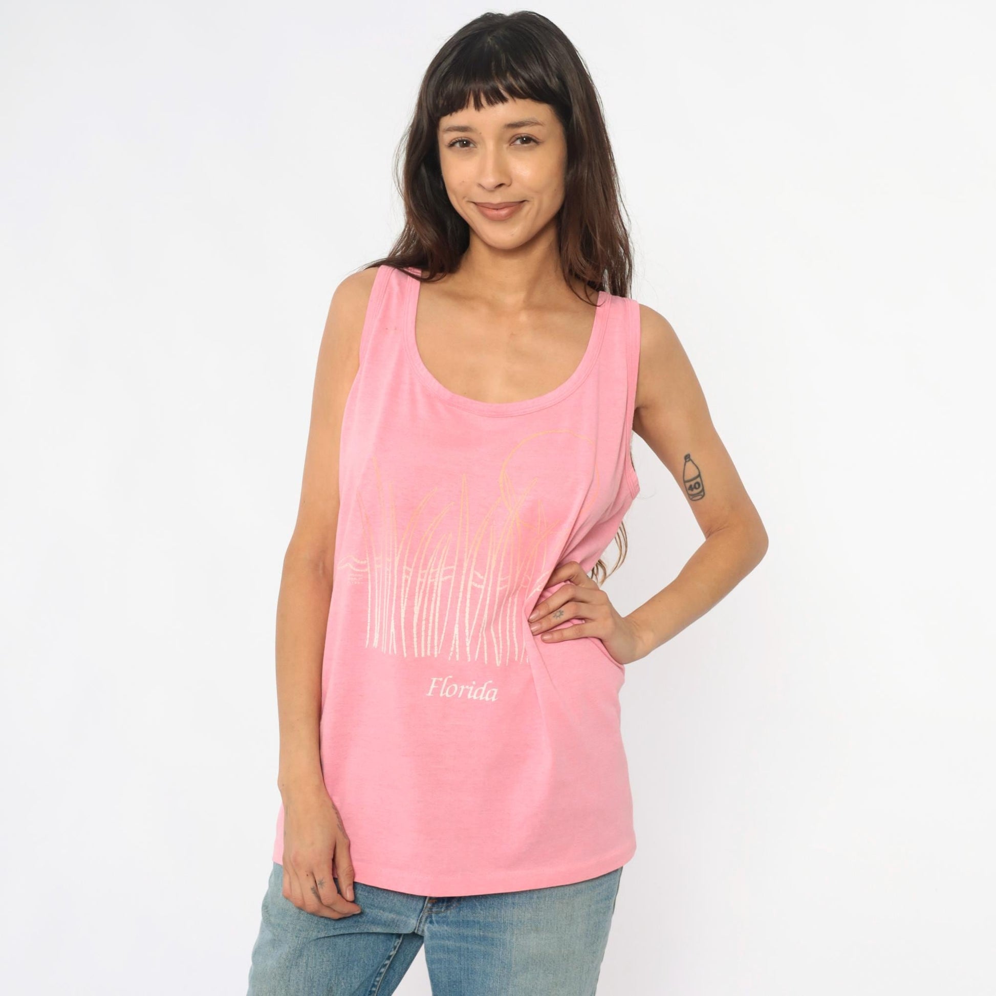 90s Florida Pink Tank Top Sunset Graphic Scoop Neck Extra Large XL