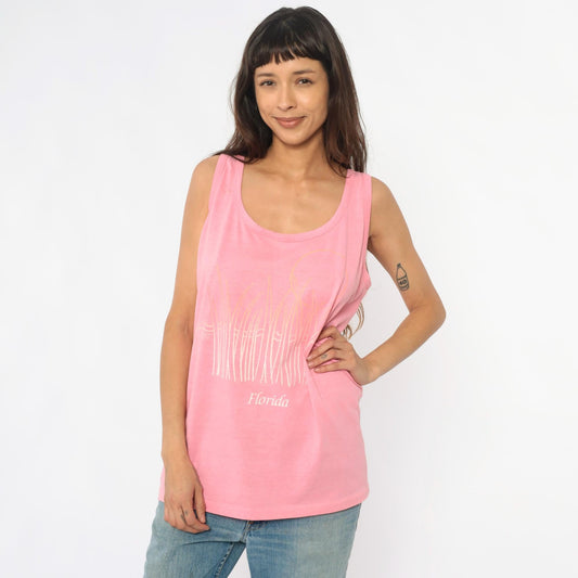 90s Florida Pink Tank Top Sunset Graphic Scoop Neck Extra Large XL