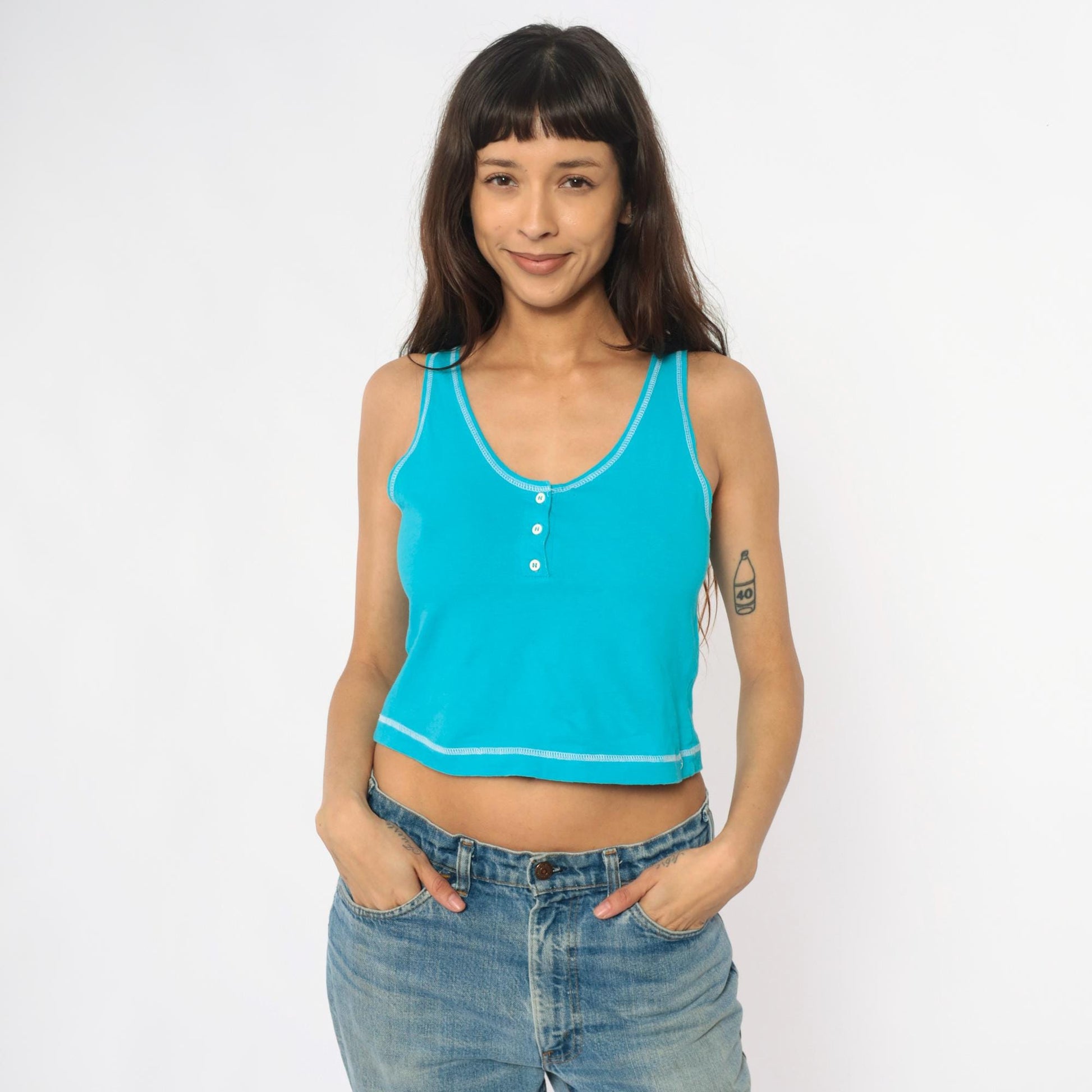 90s Turquoise Crop Tank Top Henley Racerback Cotton Fitted Small S