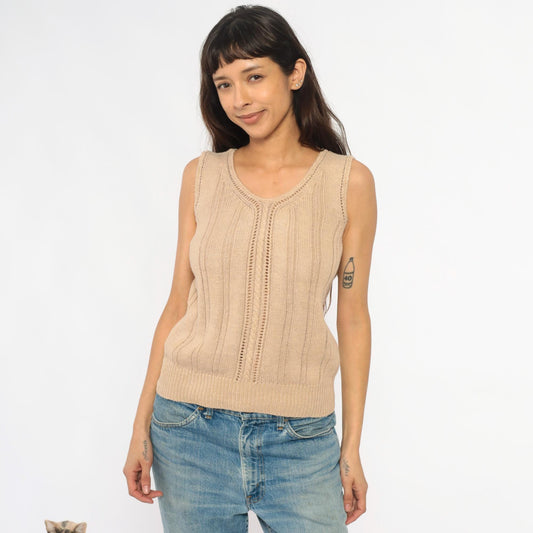 90s Crystal Cream Knit Tank V-Neck Cable Pointelle Cropped Medium M