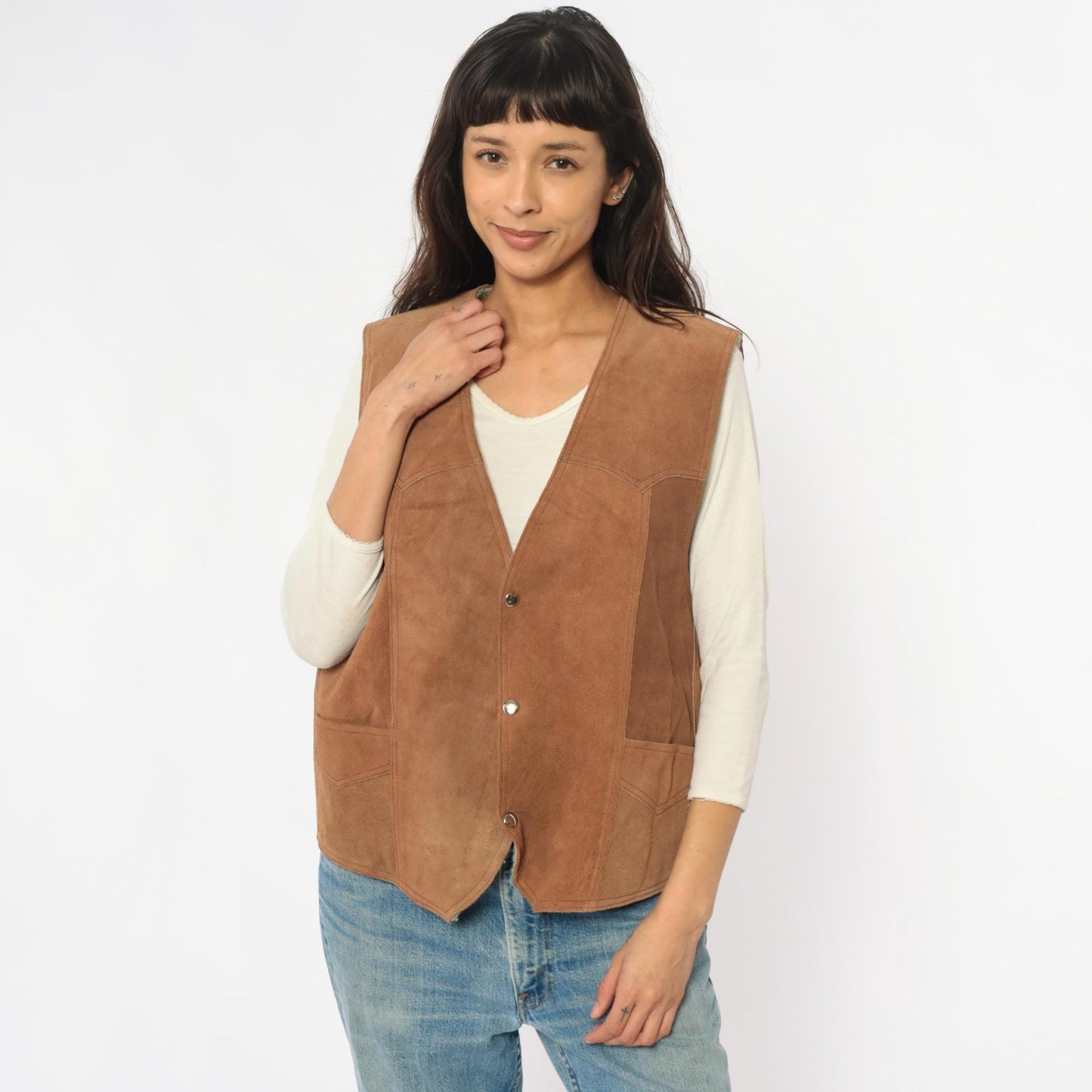 80s Brown Suede Vest Shearling Lined Snap Button Western Waistcoat Large L