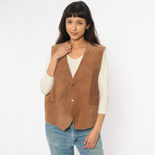 80s Brown Suede Vest Shearling Lined Snap Button Western Waistcoat Large L