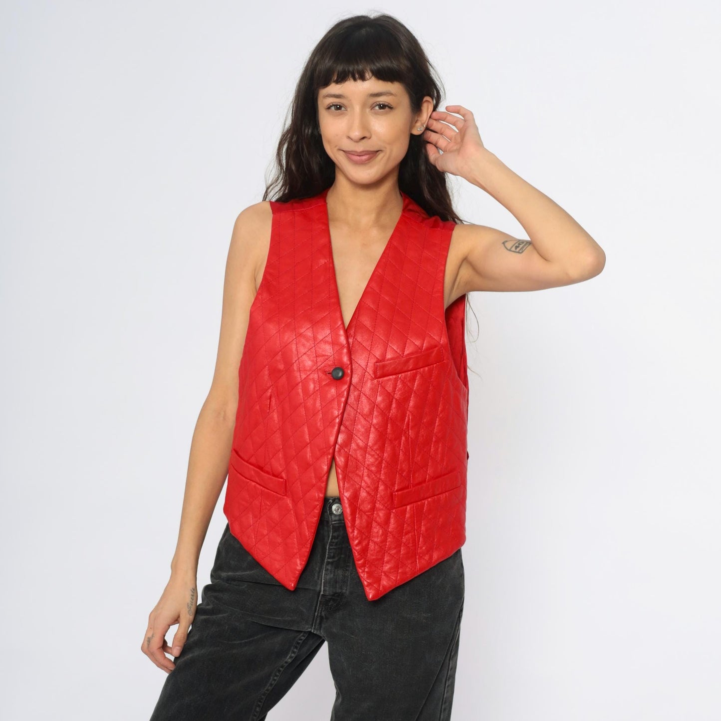 90s Red Leather Quilted Diamond Vest Adjustable Medium M
