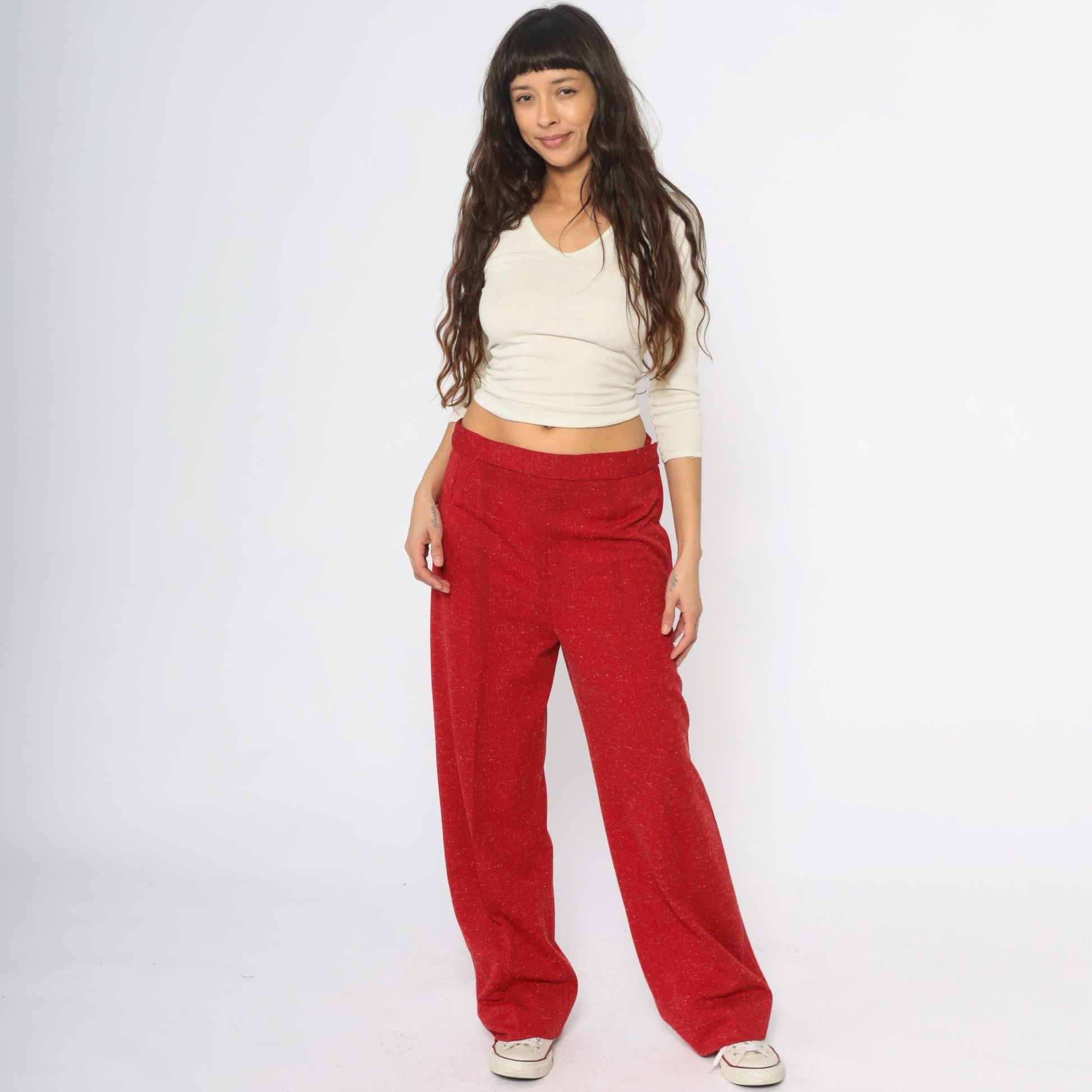 70s Burgundy Wide Leg Palazzo Pants High Waisted Flared Medium M