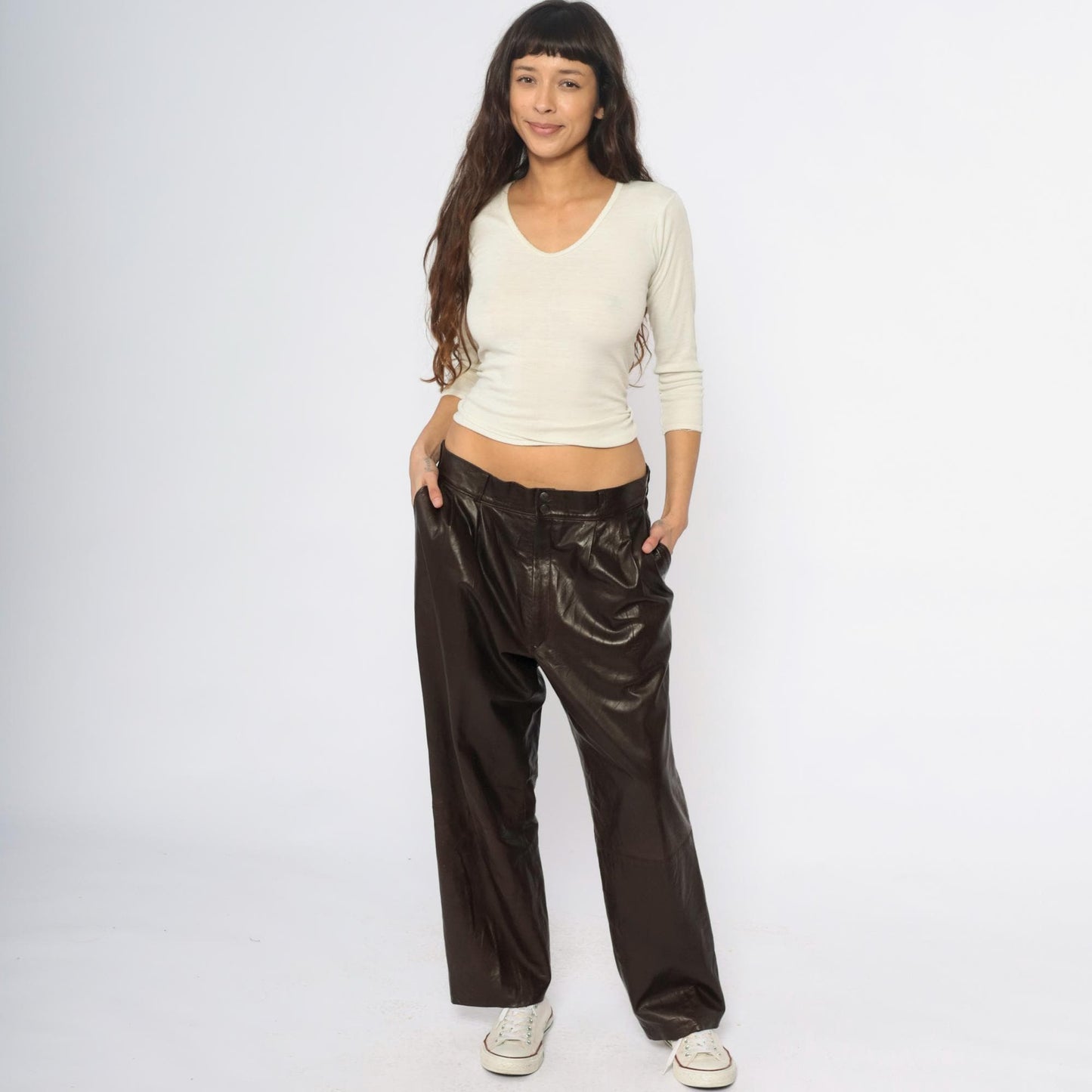 90s Sara Edan Leather Pants Brown High Rise Wide Leg Pleated 36x28