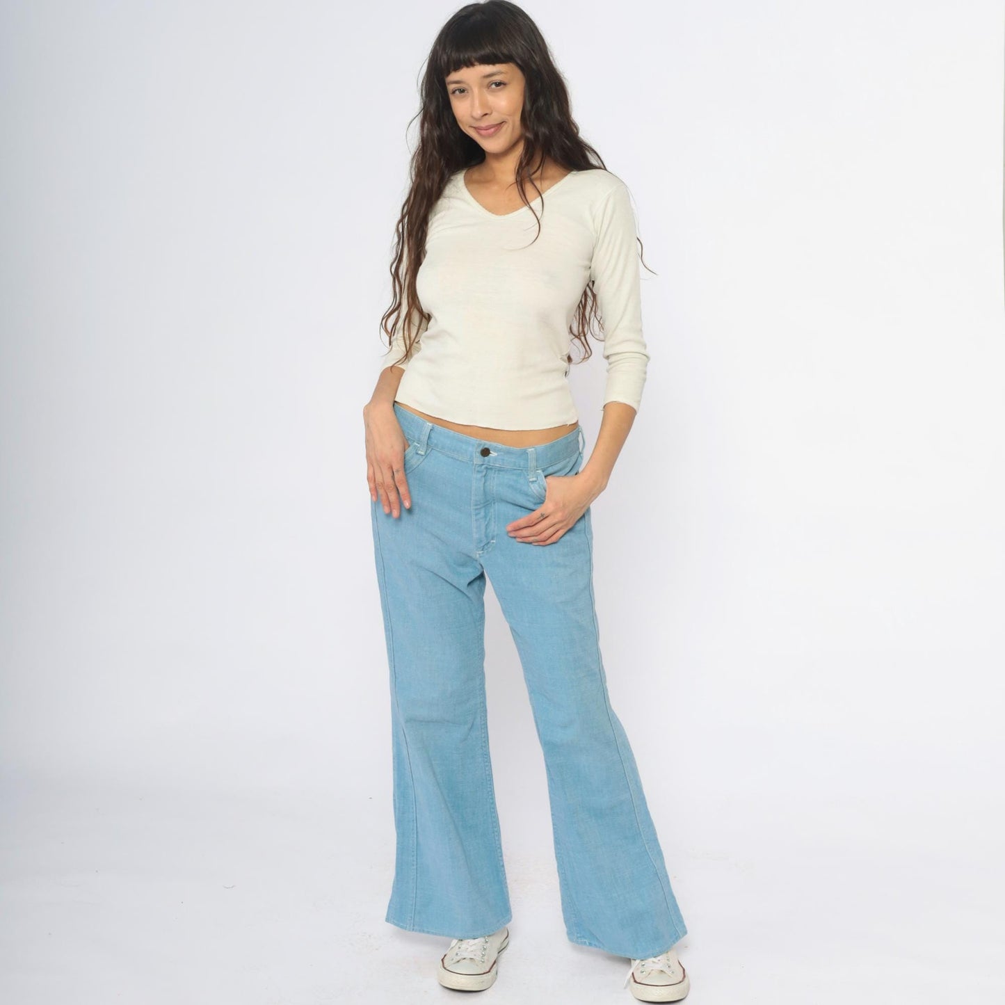 80s Lee Light Blue Flare Jeans High Rise Wide Leg Cotton Denim 33x30