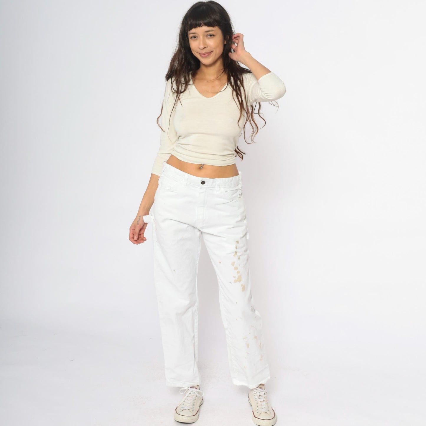 Y2K Dickies White Cargo Pants Distressed Workwear Cotton 32