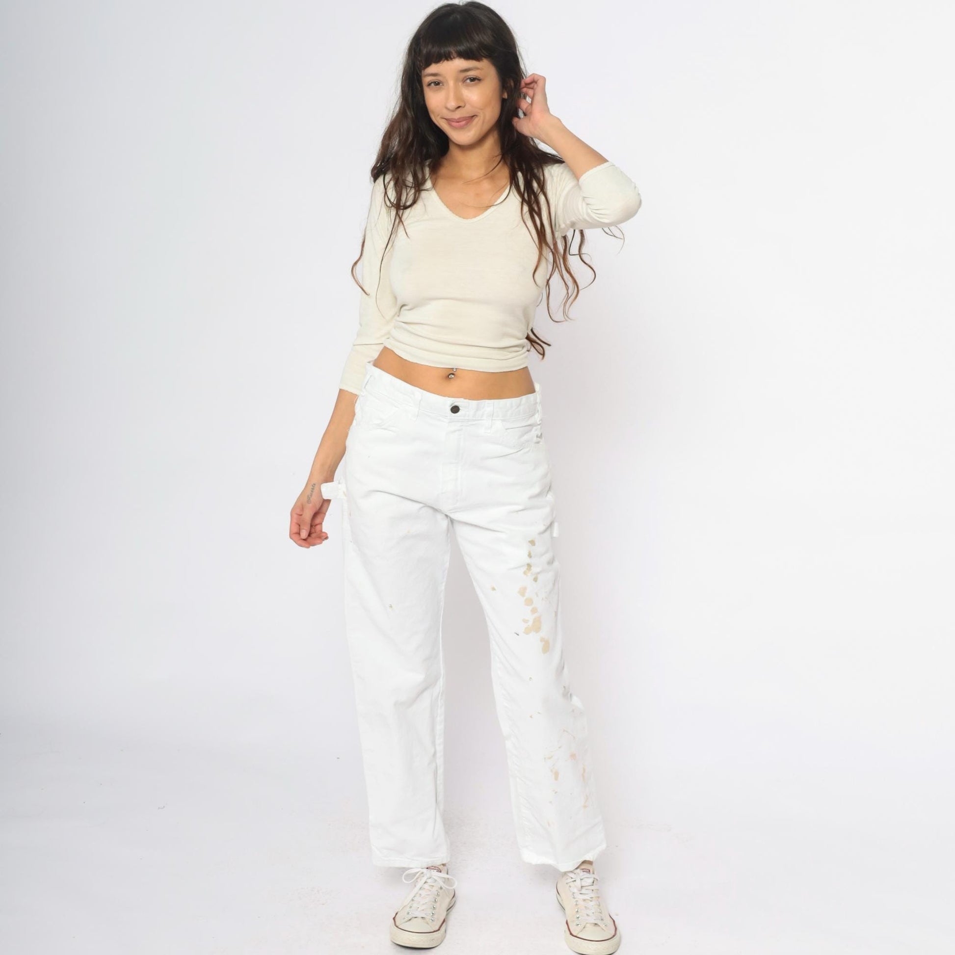 Y2K Dickies White Cargo Pants Distressed Workwear Cotton 32