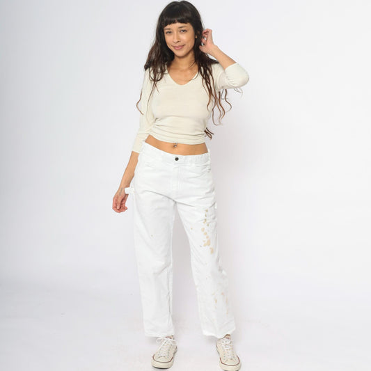 Y2K Dickies White Cargo Pants Distressed Workwear Cotton 32