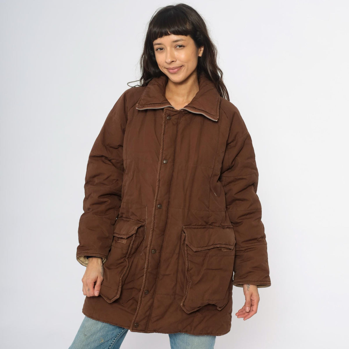 80s REI Brown Quilted Puffer Jacket Corduroy Collar Zip Large