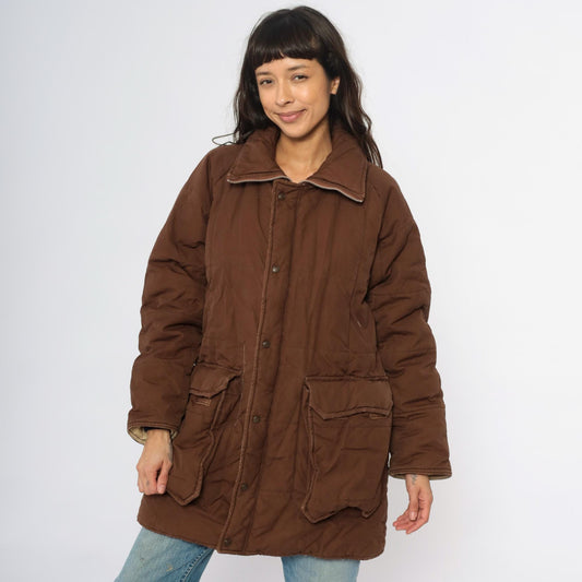 80s REI Brown Quilted Puffer Jacket Corduroy Collar Zip Large