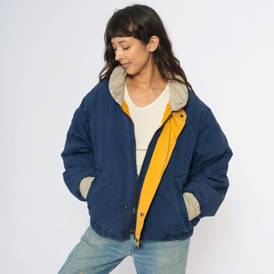 90s John Ashford Navy Bomber Jacket Down Fill Sherpa Collar Yellow Lining Large L