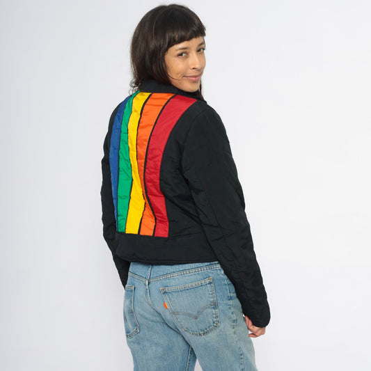 Y2K Tommy Jeans Rainbow Stripe Puffer Jacket Black Cropped Bomber Extra Small XS