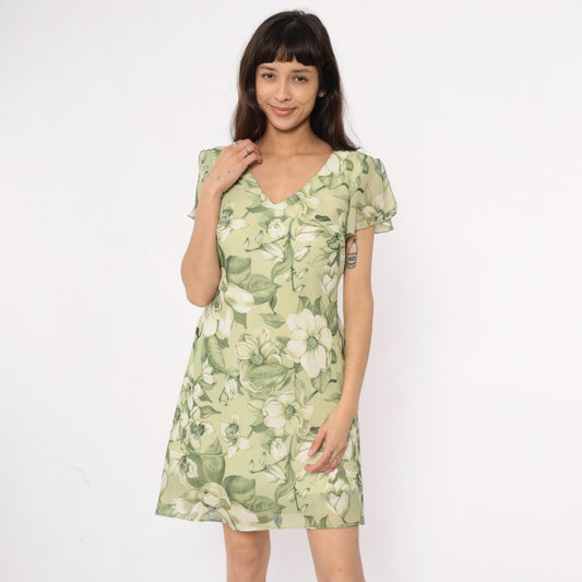 90s Green Magnolia Floral Dress V-Neck Flutter Sleeve A-Line Medium