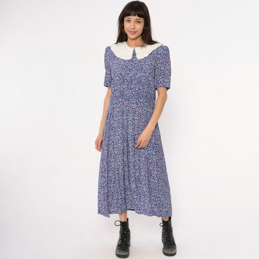 90s Karin Stevens Floral Maxi Dress Peter Pan Collar Purple Medium