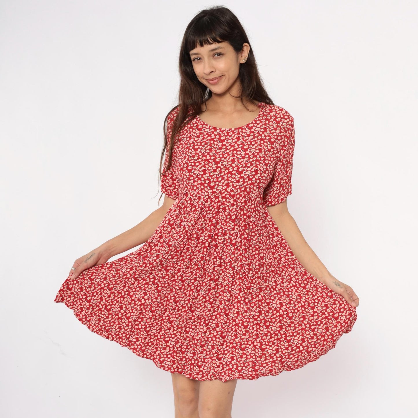 90s Red Daisy Mini Dress Rayon A-Line Scoop Neck Short Sleeve Medium M