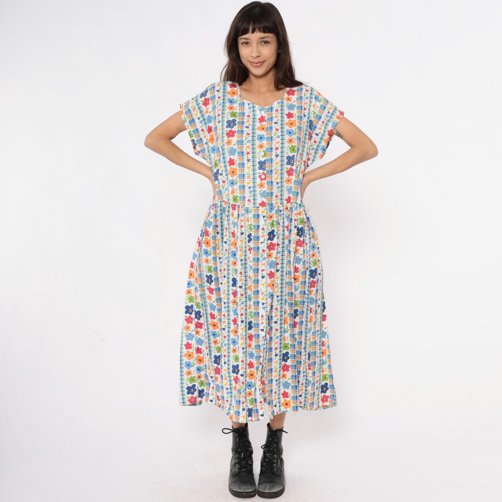 80s Chandni Floral Maxi Dress Button Front Drop Waist Multicolor Large L