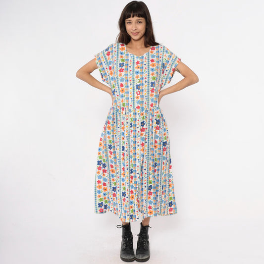 80s Chandni Floral Maxi Dress Button Front Drop Waist Multicolor Large L