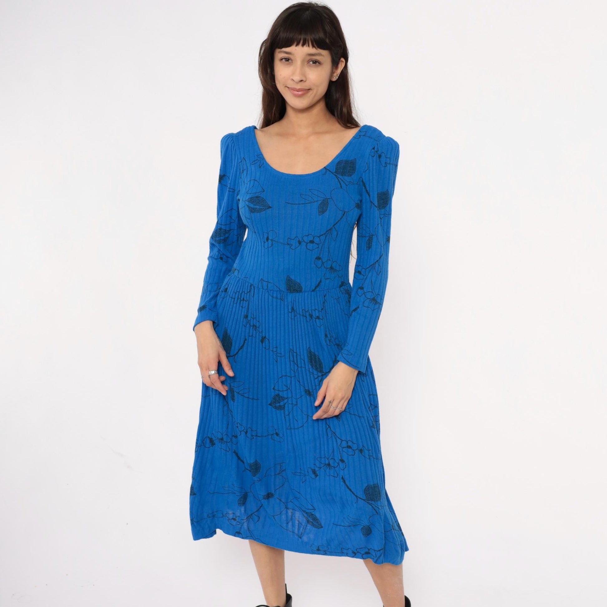 80s Blue Floral Midi Dress Gathered Shoulder Scoop Neckline Small