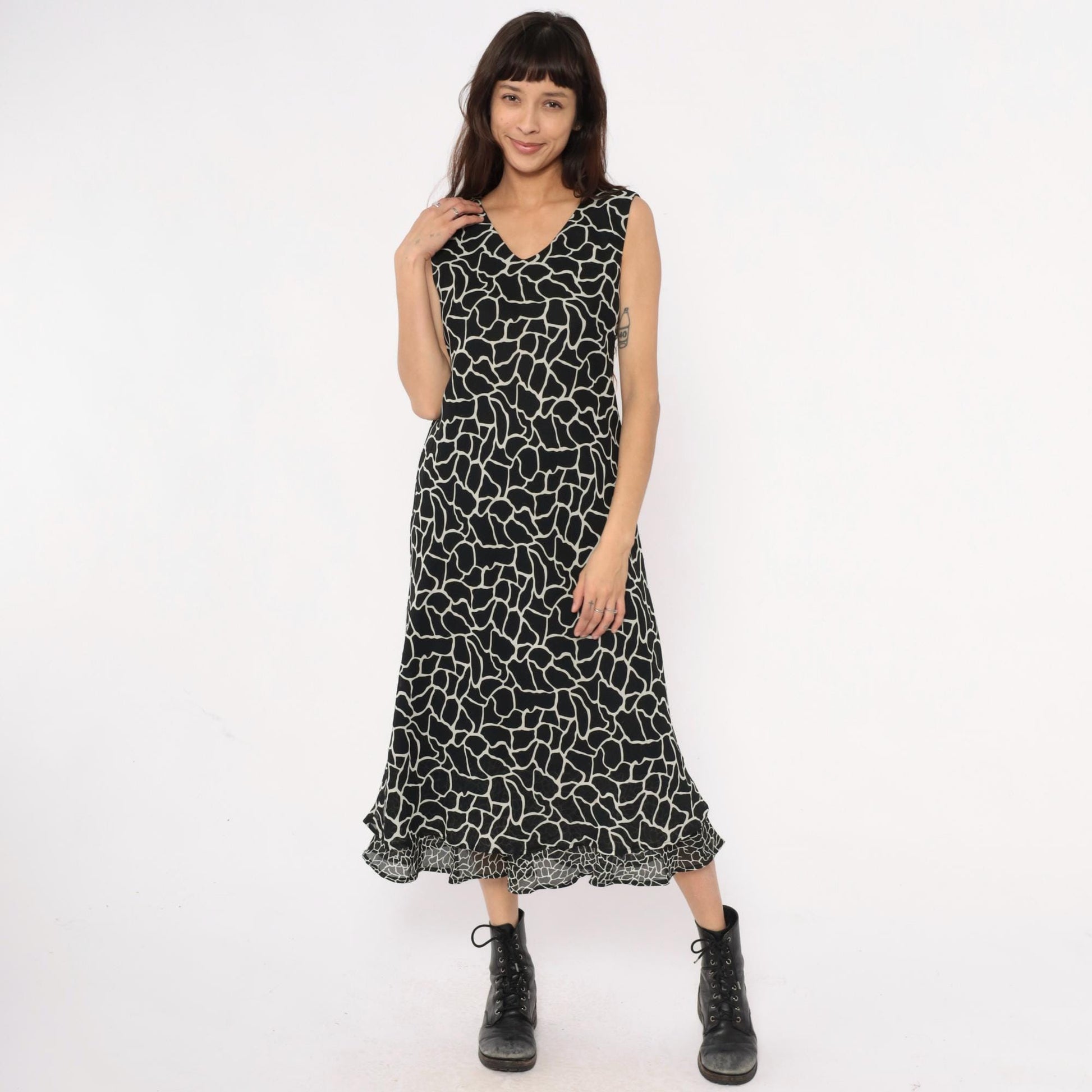 90s Jessica Howard Giraffe Print Maxi Dress Black White Sleeveless Medium