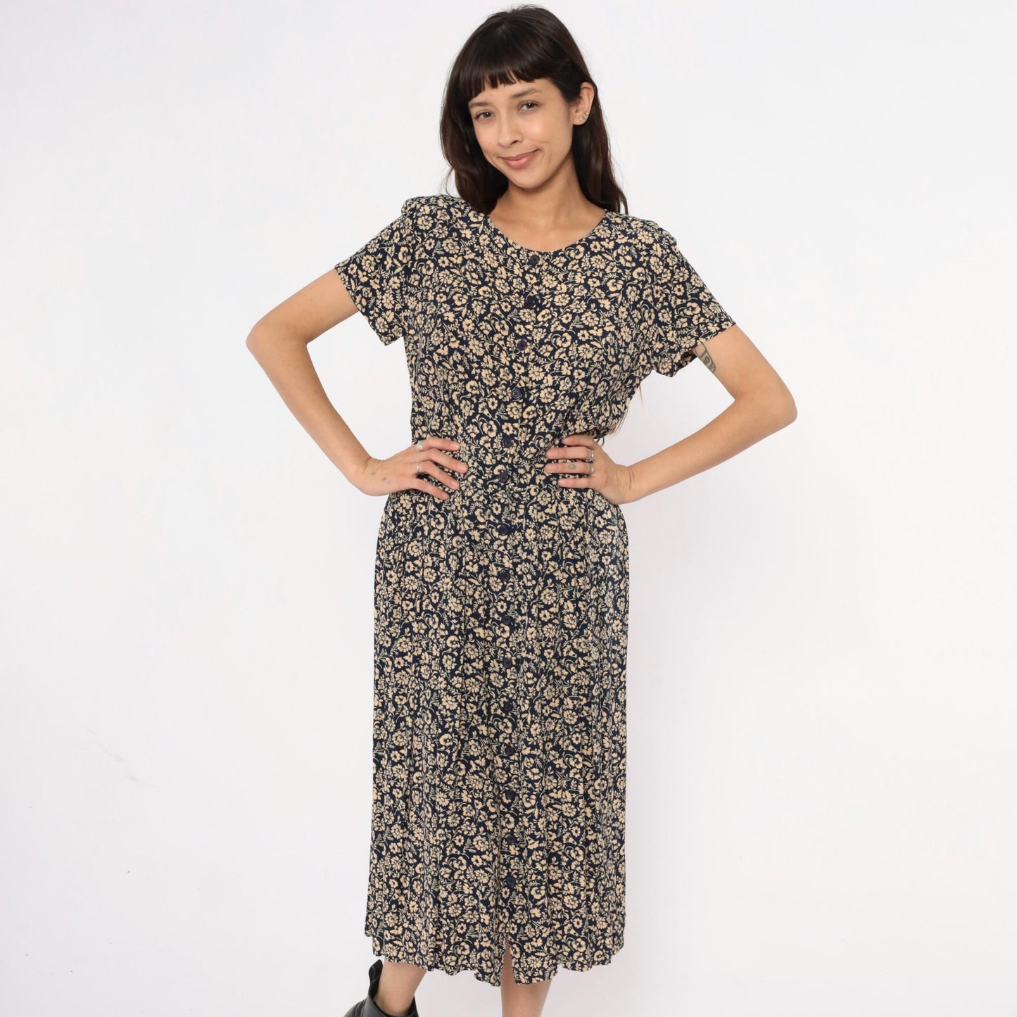 90s Liz Claiborne Floral Midi Dress Navy Cream Short Sleeve Medium